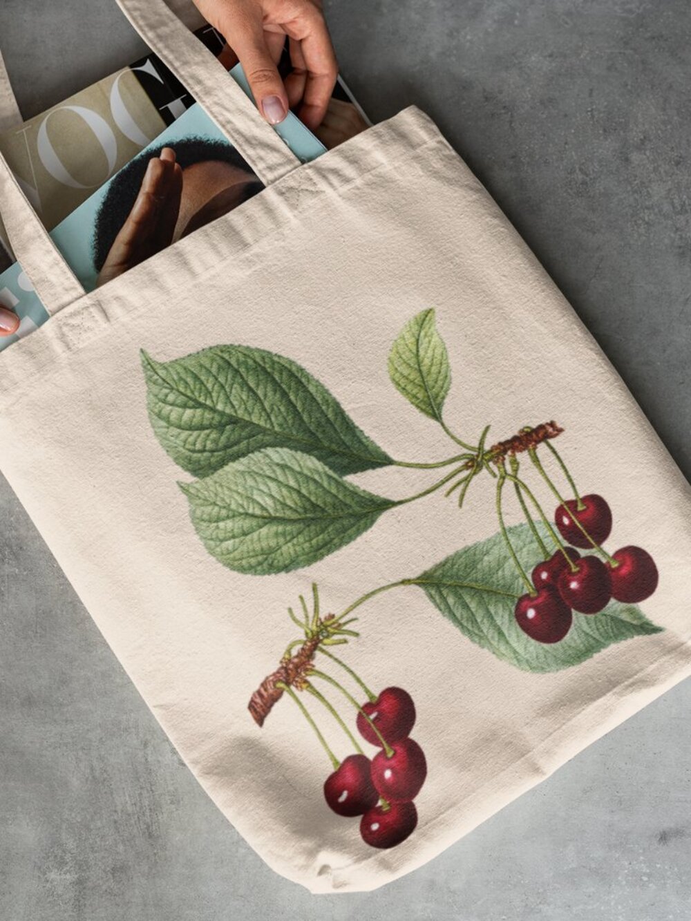 Cherry Vintage Botanical Print Graphic Canvas Tote Bag - Picture 2 of 5